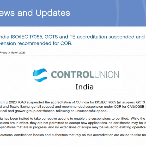 Suspension de l’accréditation de Control Union India